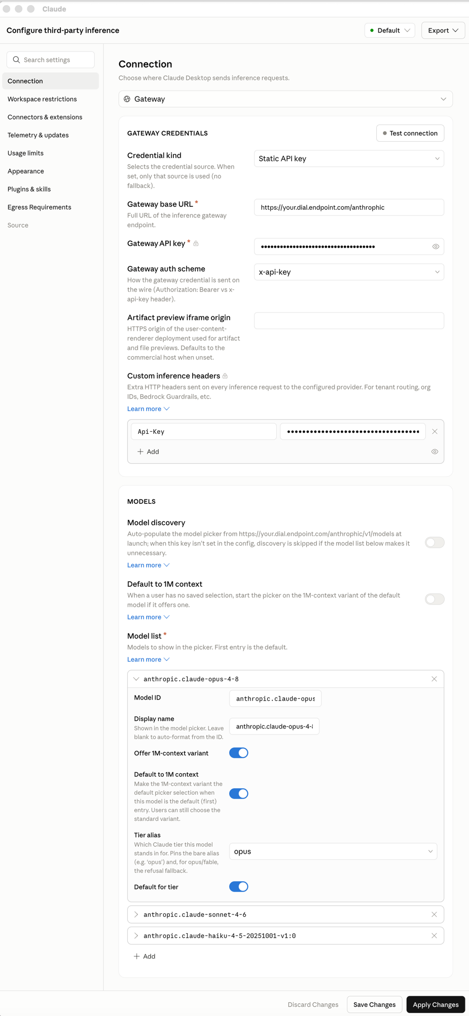Claude Cowork third-party inference window configured for DIAL: Gateway connection, gateway base URL, Api-Key custom header, and a DIAL model list